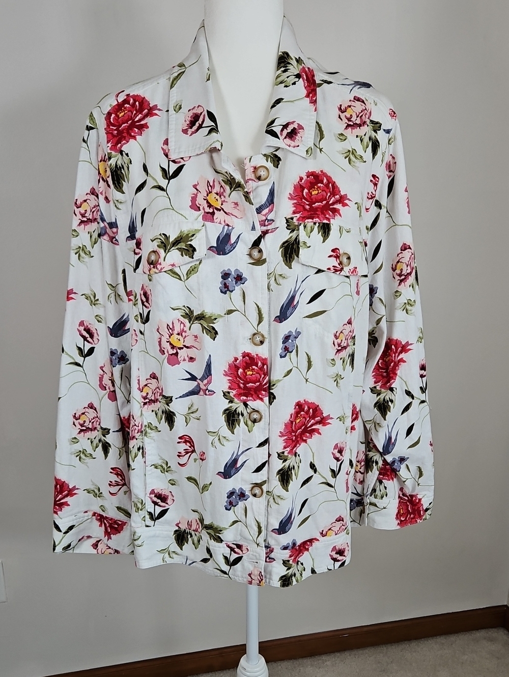 Tahari NWT Linen Blend Jacket Bird Floral Print 3X Cottage Pockets Feminine